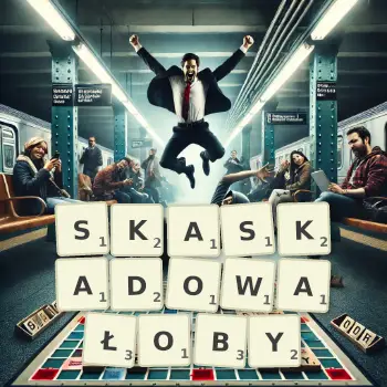 Kreatywna ilustracja do gry w Scrabble ze słowem SKASKADOWAŁOBY ułożonym z płytek na planszy.