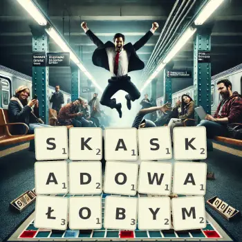Kreatywna ilustracja do gry w Scrabble ze słowem SKASKADOWAŁOBYM ułożonym z płytek na planszy.