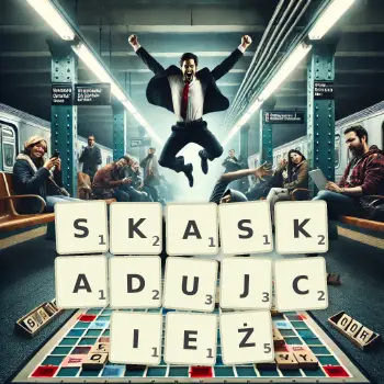 Kreatywna ilustracja do gry w Scrabble ze słowem SKASKADUJCIEŻ ułożonym z płytek na planszy.
