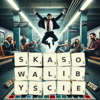 Kreatywna ilustracja do gry w Scrabble ze słowem SKASOWALIBYŚCIE ułożonym z płytek na planszy.