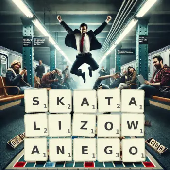 Kreatywna ilustracja do gry w Scrabble ze słowem SKATALIZOWANEGO ułożonym z płytek na planszy.