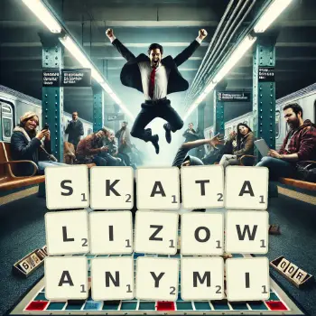 Kreatywna ilustracja do gry w Scrabble ze słowem SKATALIZOWANYMI ułożonym z płytek na planszy.