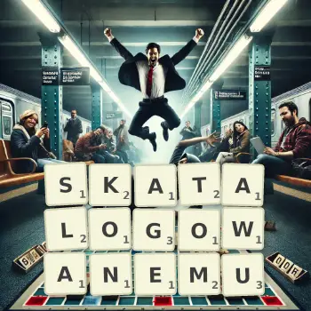 Kreatywna ilustracja do gry w Scrabble ze słowem SKATALOGOWANEMU ułożonym z płytek na planszy.