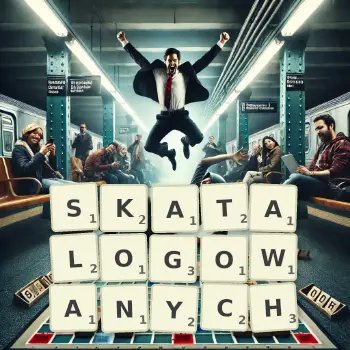 Kreatywna ilustracja do gry w Scrabble ze słowem SKATALOGOWANYCH ułożonym z płytek na planszy.