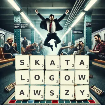 Kreatywna ilustracja do gry w Scrabble ze słowem SKATALOGOWAWSZY ułożonym z płytek na planszy.