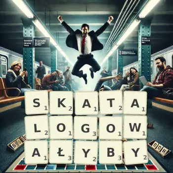 Kreatywna ilustracja do gry w Scrabble ze słowem SKATALOGOWAŁYBY ułożonym z płytek na planszy.