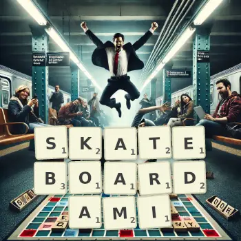 Kreatywna ilustracja do gry w Scrabble ze słowem SKATEBOARDAMI ułożonym z płytek na planszy.