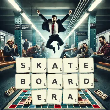 Kreatywna ilustracja do gry w Scrabble ze słowem SKATEBOARDERA ułożonym z płytek na planszy.