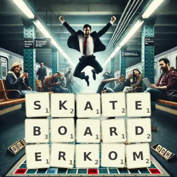 Kreatywna ilustracja do gry w Scrabble ze słowem SKATEBOARDERKOM ułożonym z płytek na planszy.