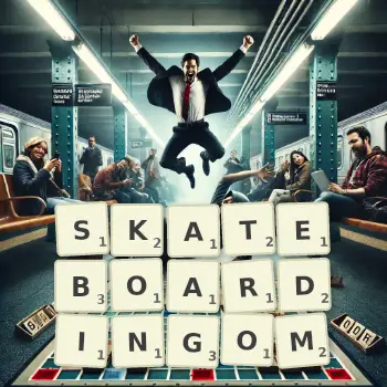 Kreatywna ilustracja do gry w Scrabble ze słowem SKATEBOARDINGOM ułożonym z płytek na planszy.