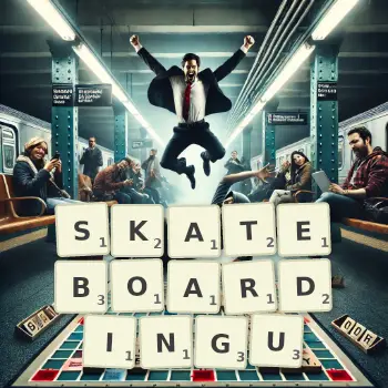 Kreatywna ilustracja do gry w Scrabble ze słowem SKATEBOARDINGU ułożonym z płytek na planszy.