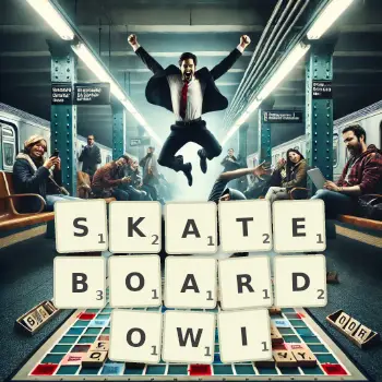 Kreatywna ilustracja do gry w Scrabble ze słowem SKATEBOARDOWI ułożonym z płytek na planszy.