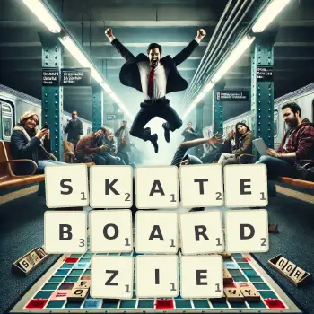 Kreatywna ilustracja do gry w Scrabble ze słowem SKATEBOARDZIE ułożonym z płytek na planszy.