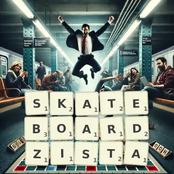 Kreatywna ilustracja do gry w Scrabble ze słowem SKATEBOARDZISTA ułożonym z płytek na planszy.