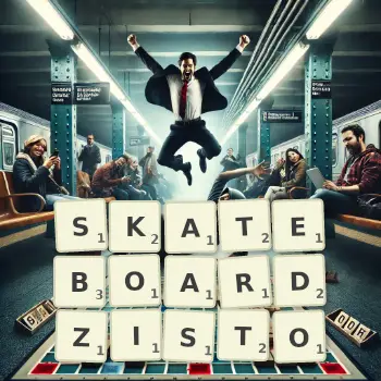 Kreatywna ilustracja do gry w Scrabble ze słowem SKATEBOARDZISTO ułożonym z płytek na planszy.