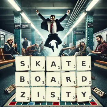 Kreatywna ilustracja do gry w Scrabble ze słowem SKATEBOARDZISTY ułożonym z płytek na planszy.