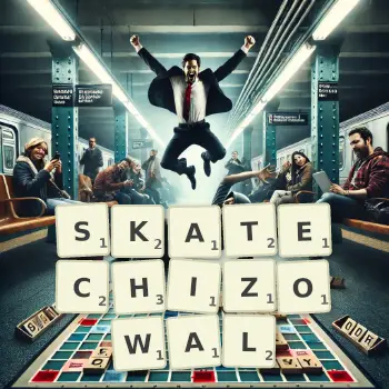 Kreatywna ilustracja do gry w Scrabble ze słowem SKATECHIZOWAL ułożonym z płytek na planszy.