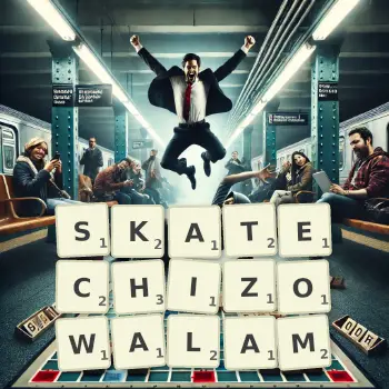 Kreatywna ilustracja do gry w Scrabble ze słowem SKATECHIZOWALAM ułożonym z płytek na planszy.