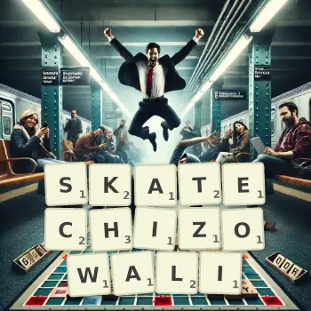 Kreatywna ilustracja do gry w Scrabble ze słowem SKATECHIZOWALI ułożonym z płytek na planszy.