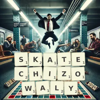 Kreatywna ilustracja do gry w Scrabble ze słowem SKATECHIZOWALY ułożonym z płytek na planszy.