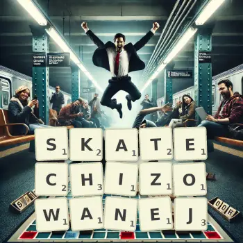 Kreatywna ilustracja do gry w Scrabble ze słowem SKATECHIZOWANEJ ułożonym z płytek na planszy.