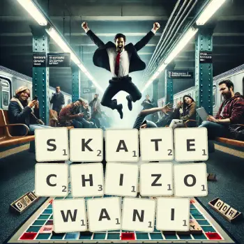 Kreatywna ilustracja do gry w Scrabble ze słowem SKATECHIZOWANI ułożonym z płytek na planszy.