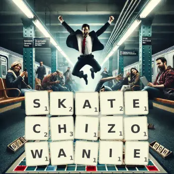 Kreatywna ilustracja do gry w Scrabble ze słowem SKATECHIZOWANIE ułożonym z płytek na planszy.