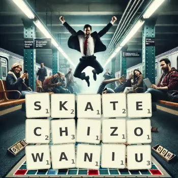Kreatywna ilustracja do gry w Scrabble ze słowem SKATECHIZOWANIU ułożonym z płytek na planszy.