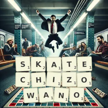 Kreatywna ilustracja do gry w Scrabble ze słowem SKATECHIZOWANO ułożonym z płytek na planszy.