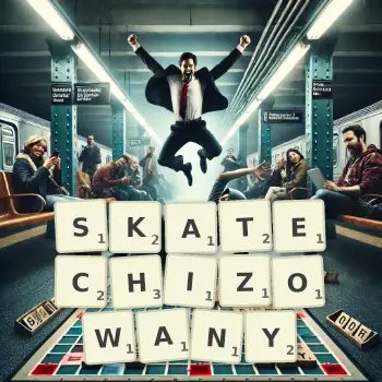 Kreatywna ilustracja do gry w Scrabble ze słowem SKATECHIZOWANY ułożonym z płytek na planszy.