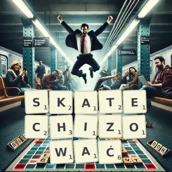Kreatywna ilustracja do gry w Scrabble ze słowem SKATECHIZOWAĆ ułożonym z płytek na planszy.