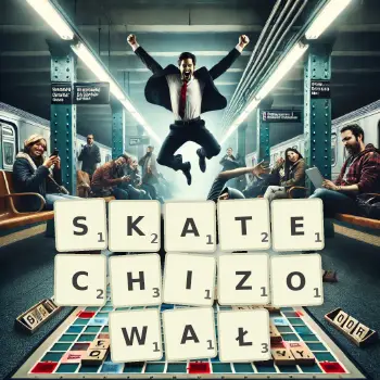 Kreatywna ilustracja do gry w Scrabble ze słowem SKATECHIZOWAŁ ułożonym z płytek na planszy.