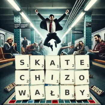 Kreatywna ilustracja do gry w Scrabble ze słowem SKATECHIZOWAŁBY ułożonym z płytek na planszy.