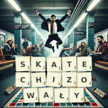 Kreatywna ilustracja do gry w Scrabble ze słowem SKATECHIZOWAŁY ułożonym z płytek na planszy.