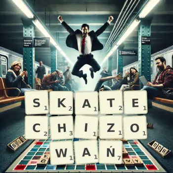 Kreatywna ilustracja do gry w Scrabble ze słowem SKATECHIZOWAŃ ułożonym z płytek na planszy.