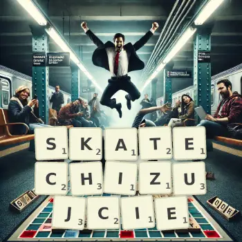 Kreatywna ilustracja do gry w Scrabble ze słowem SKATECHIZUJCIE ułożonym z płytek na planszy.