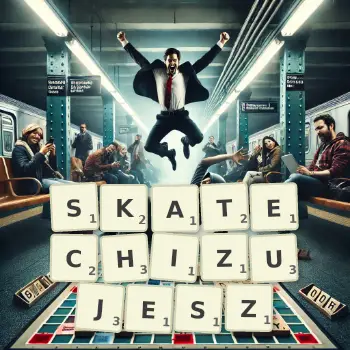 Kreatywna ilustracja do gry w Scrabble ze słowem SKATECHIZUJESZ ułożonym z płytek na planszy.