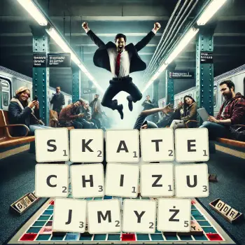 Kreatywna ilustracja do gry w Scrabble ze słowem SKATECHIZUJMYŻ ułożonym z płytek na planszy.