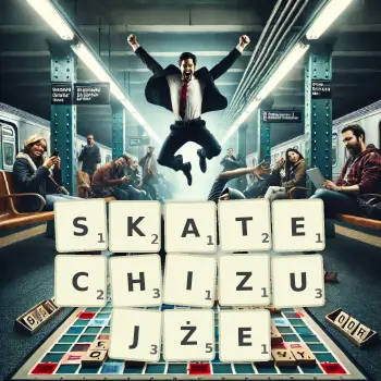 Kreatywna ilustracja do gry w Scrabble ze słowem SKATECHIZUJŻE ułożonym z płytek na planszy.