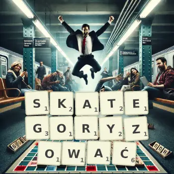 Kreatywna ilustracja do gry w Scrabble ze słowem SKATEGORYZOWAĆ ułożonym z płytek na planszy.