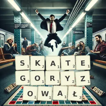 Kreatywna ilustracja do gry w Scrabble ze słowem SKATEGORYZOWAŁ ułożonym z płytek na planszy.