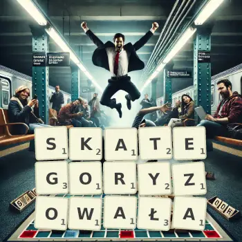 Kreatywna ilustracja do gry w Scrabble ze słowem SKATEGORYZOWAŁA ułożonym z płytek na planszy.