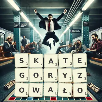 Kreatywna ilustracja do gry w Scrabble ze słowem SKATEGORYZOWAŁO ułożonym z płytek na planszy.