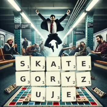 Kreatywna ilustracja do gry w Scrabble ze słowem SKATEGORYZUJE ułożonym z płytek na planszy.
