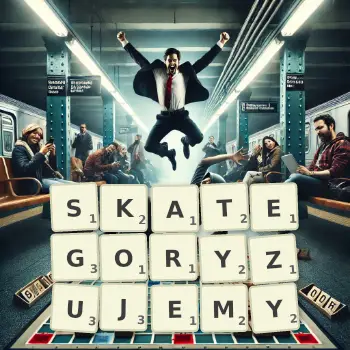 Kreatywna ilustracja do gry w Scrabble ze słowem SKATEGORYZUJEMY ułożonym z płytek na planszy.