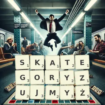 Kreatywna ilustracja do gry w Scrabble ze słowem SKATEGORYZUJMYŻ ułożonym z płytek na planszy.