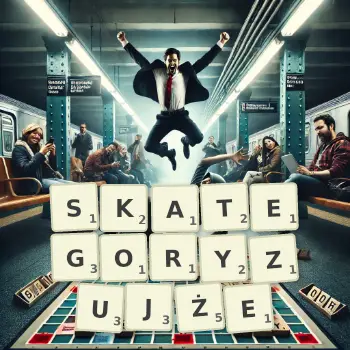 Kreatywna ilustracja do gry w Scrabble ze słowem SKATEGORYZUJŻE ułożonym z płytek na planszy.