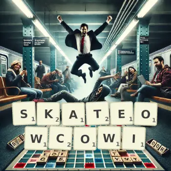 Kreatywna ilustracja do gry w Scrabble ze słowem SKATEOWCOWI ułożonym z płytek na planszy.