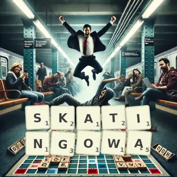 Kreatywna ilustracja do gry w Scrabble ze słowem SKATINGOWĄ ułożonym z płytek na planszy.