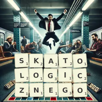 Kreatywna ilustracja do gry w Scrabble ze słowem SKATOLOGICZNEGO ułożonym z płytek na planszy.